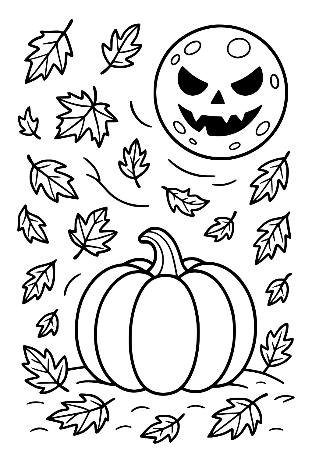 Large pumpkin on ground with swirling fall leaves and a full moon with a jack-o-lantern face overhead; simple Halloween scene.