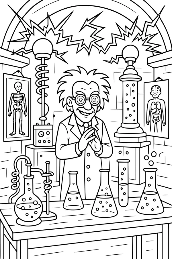 Free Mad Scientist Coloring Page - Spooky Halloween Laboratory (Printable PDF)