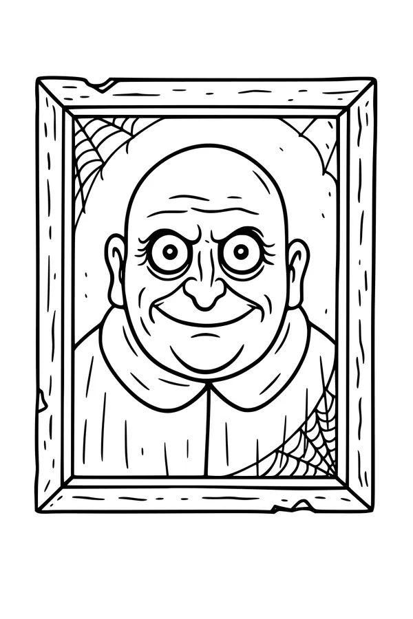 Free Halloween Portrait Coloring Page - Bald Man With Big Eyes in Cobwebbed Frame (Printable PDF)
