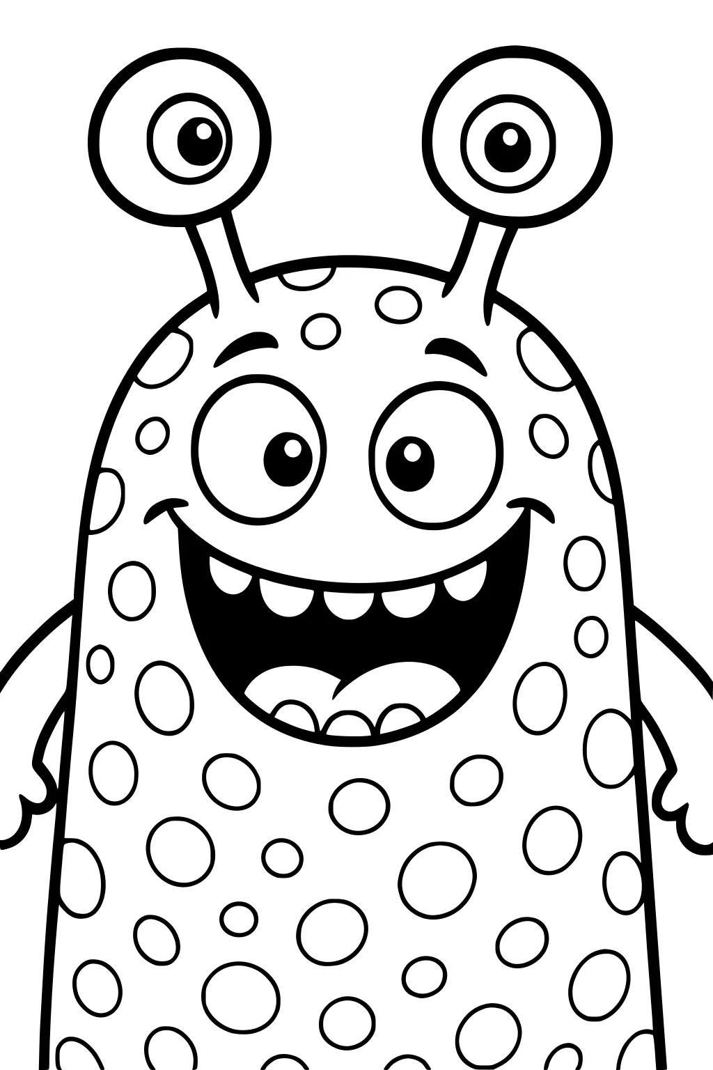 Smiling spotted monster with two eye stalks, big round eyes, open mouth with teeth, and small arms; simple cartoon outline.