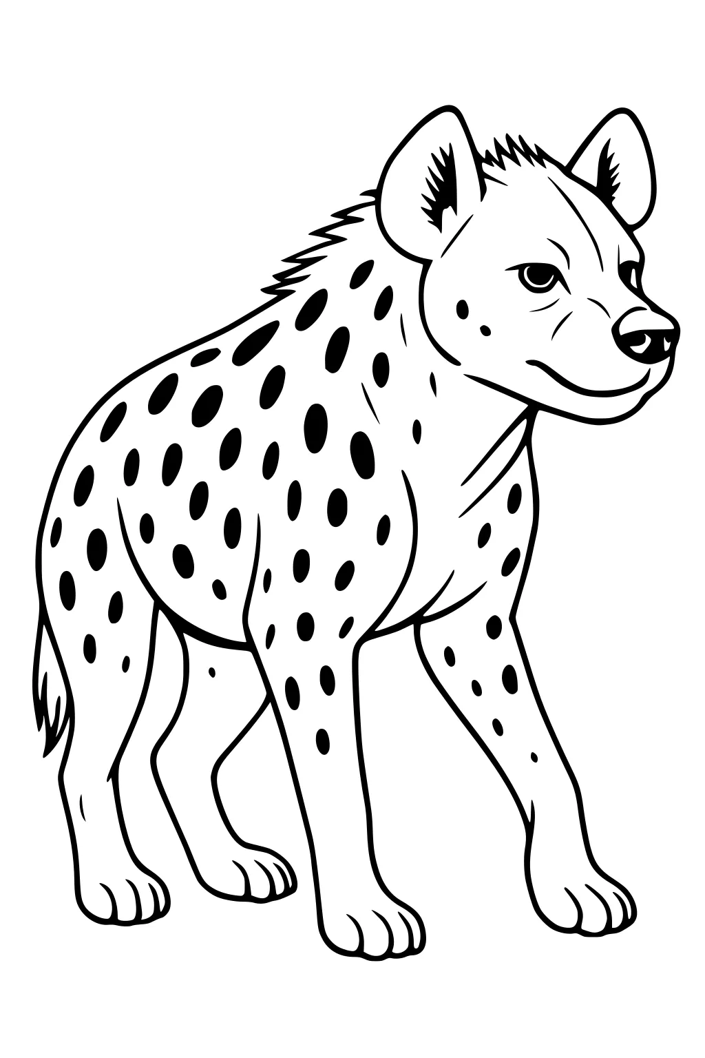 Standing hyena with large spots, upright ears, bushy mane, and a playful smile.