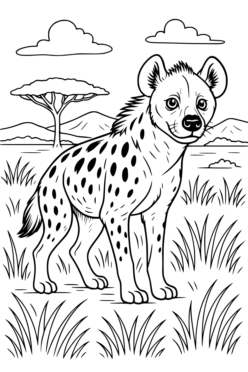 Spotted hyena standing in tall savannah grass, tree and mountains in background, puffy clouds above.