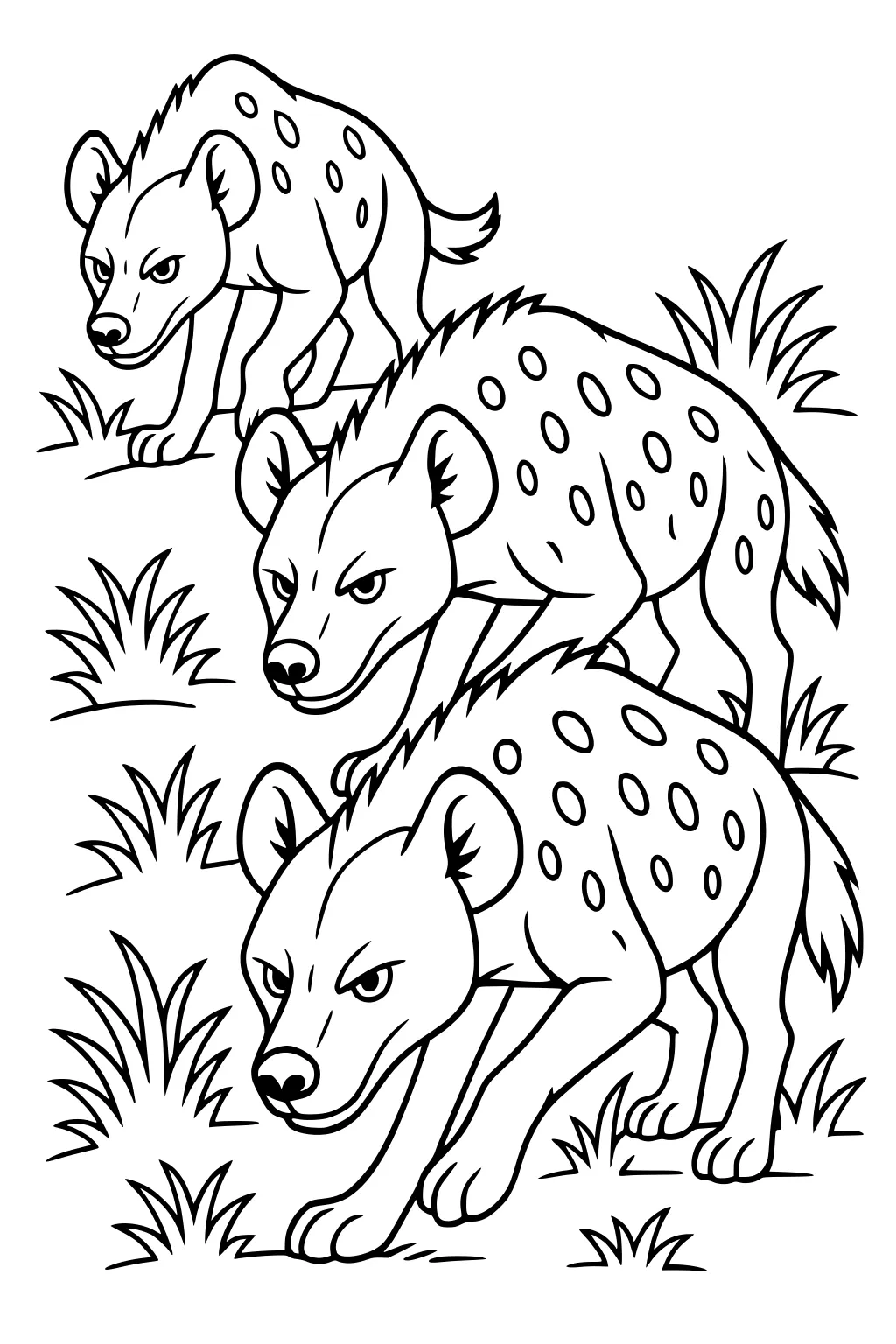 Three spotted hyenas with upright ears walking through clumps of grass in a row.