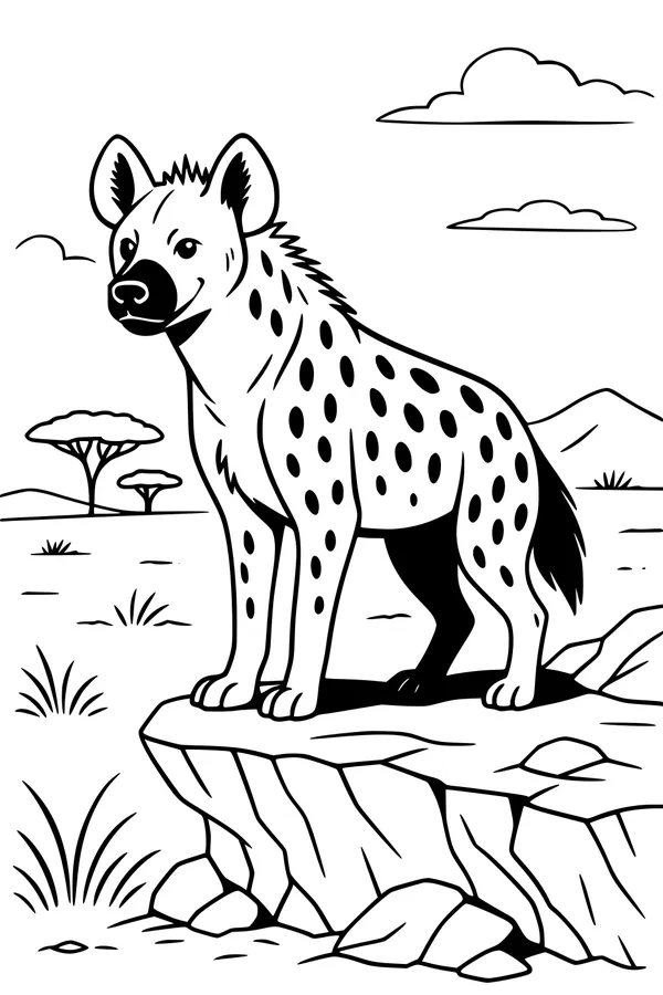 Free Hyena Coloring Page - Spotted Hyena on Savanna Rock (Printable PDF)