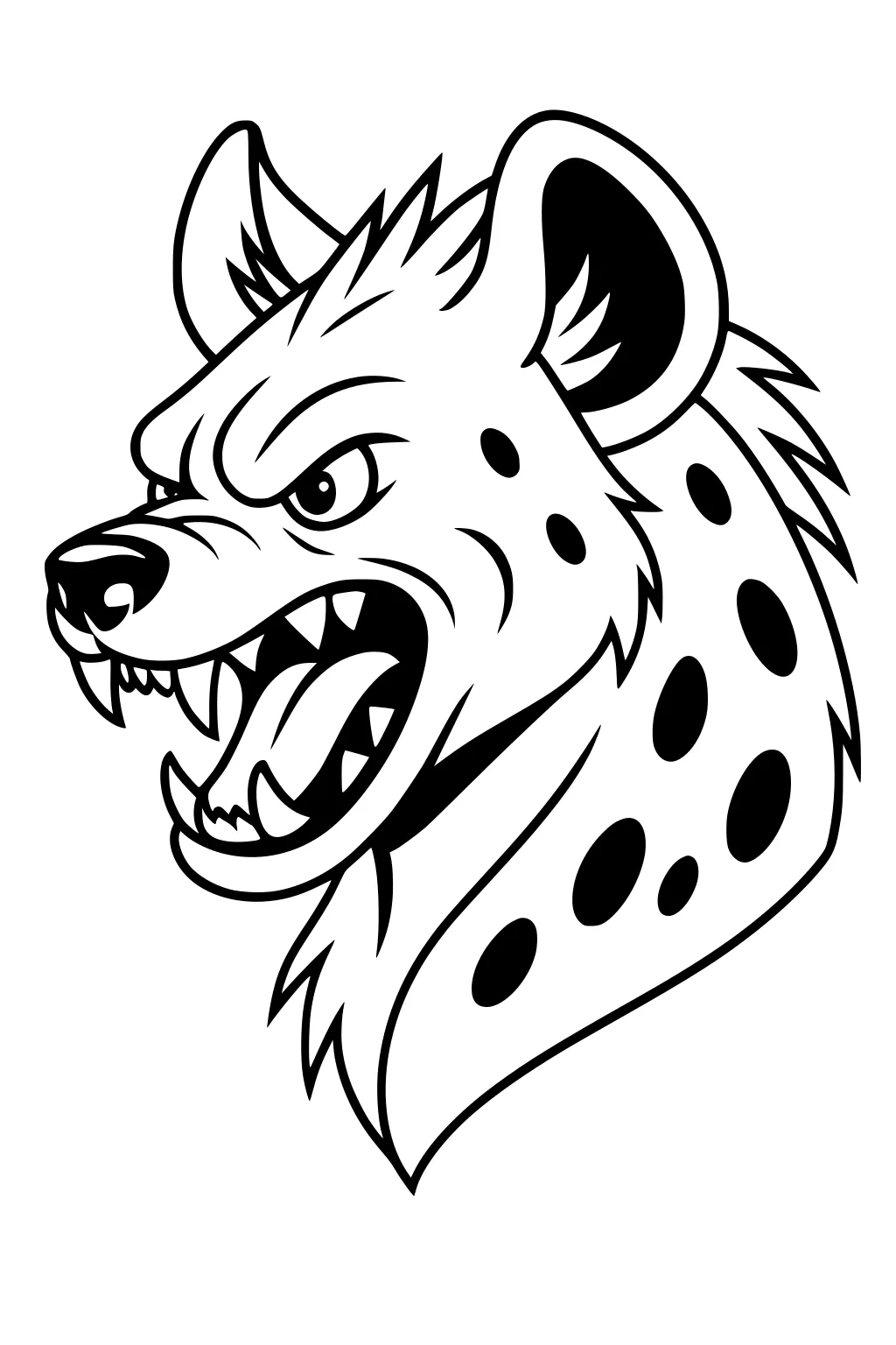 Cartoon hyena head with open mouth and sharp teeth, large ears, and a spotted neck.