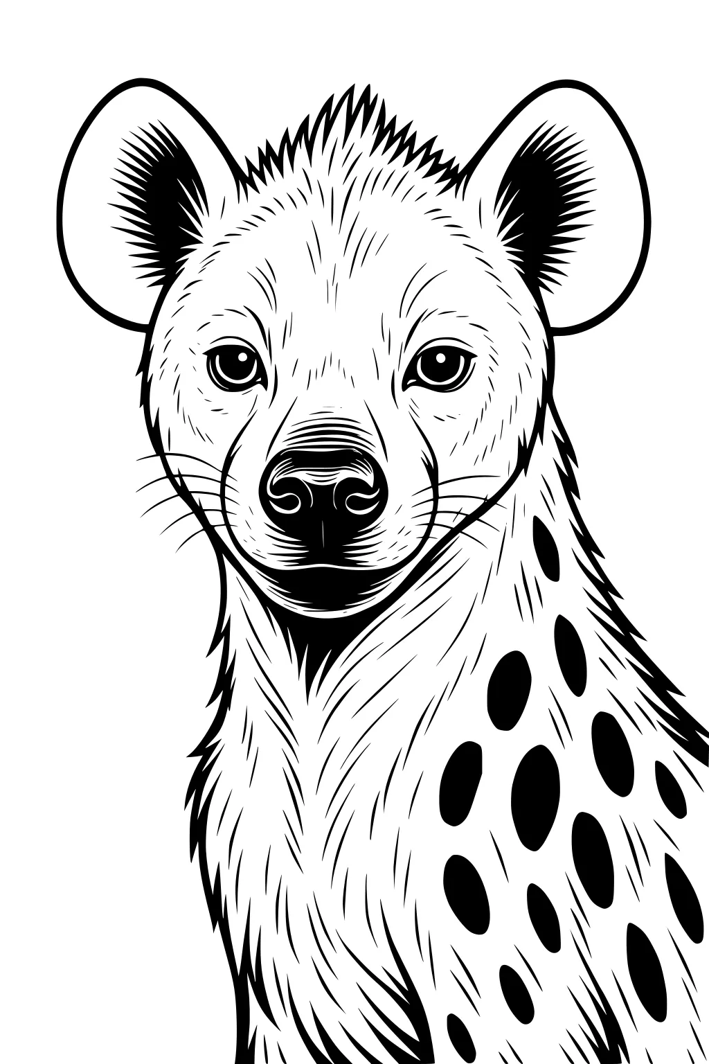 Spotted hyena sitting with large ears, fluffy fur, black nose, and dark spots along her neck and shoulder.