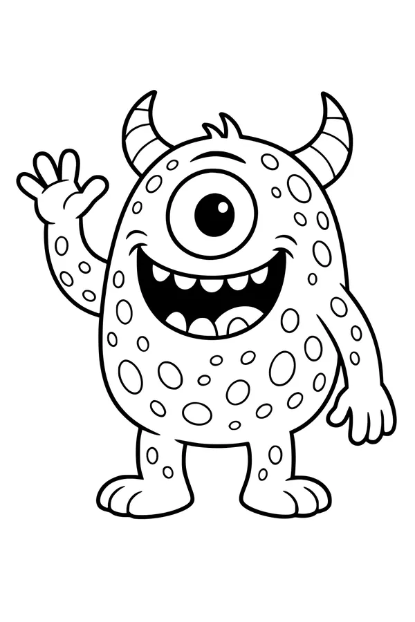 Free Cyclops Monster Coloring Page - Spotty Cartoon Creature Waving Hello (Printable PDF)