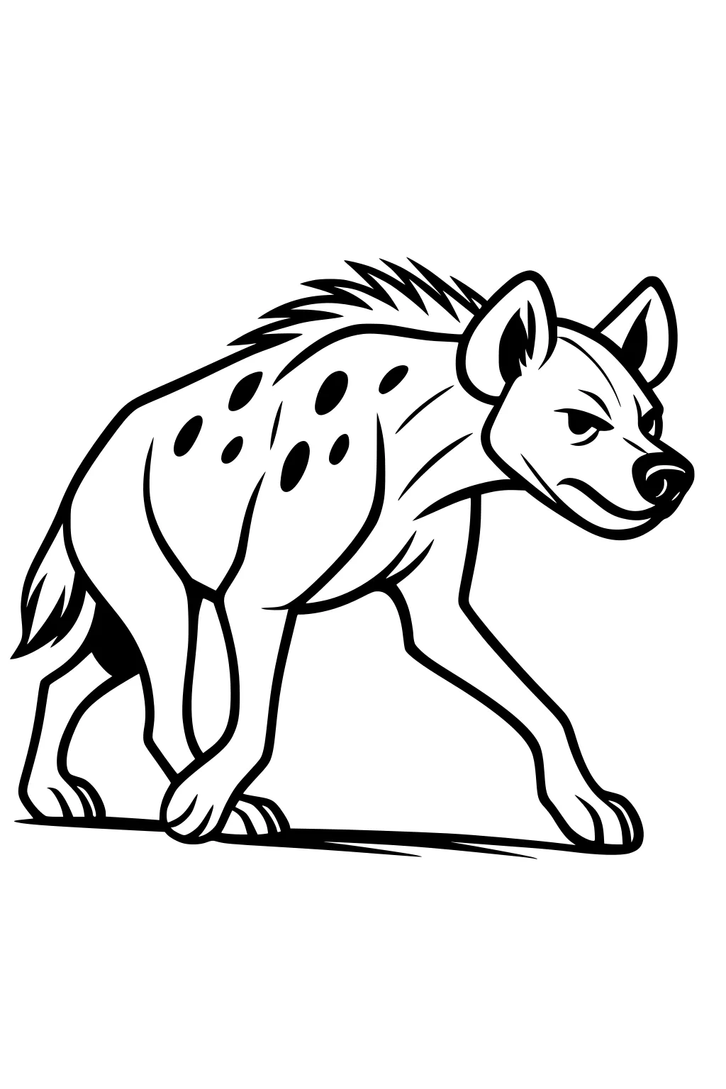 Line drawing of a spotted hyena walking with perked ears, spiky fur, and playful expression.