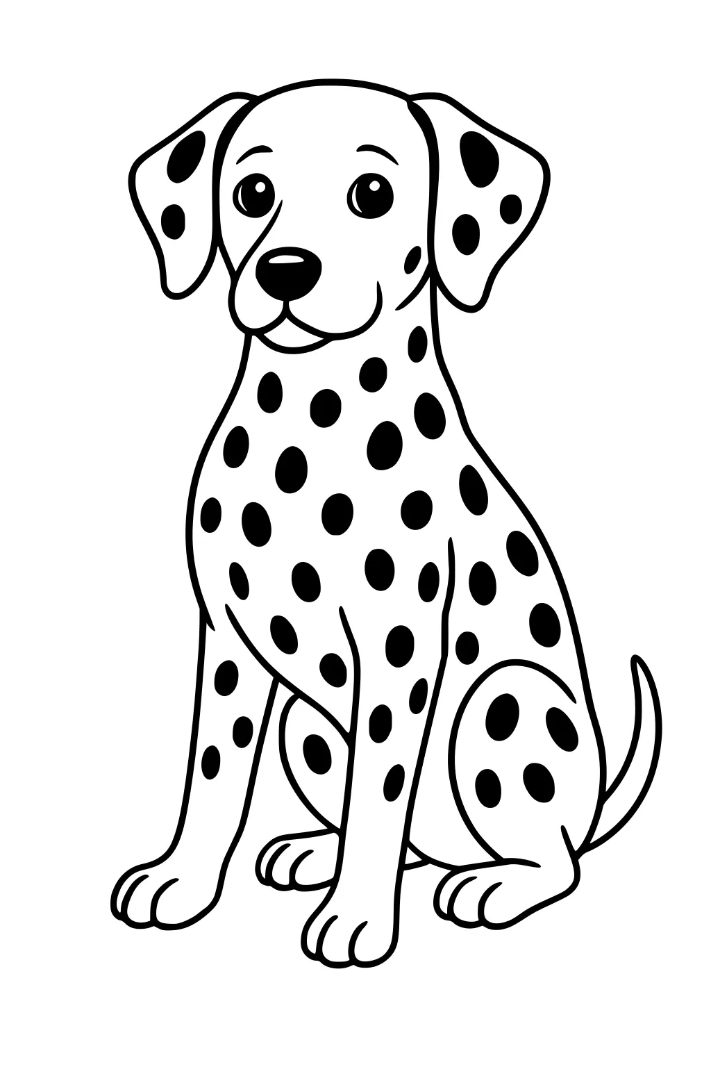 Cartoon Dalmatian dog sitting upright with floppy ears, large eyes, and black spots on its white fur.