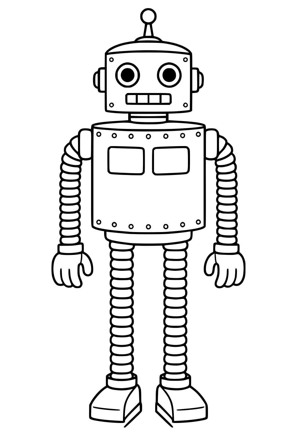 Cartoon robot with round head, antenna, big eyes, riveted box body, spring arms, spring legs, mitten hands, and chunky boots.