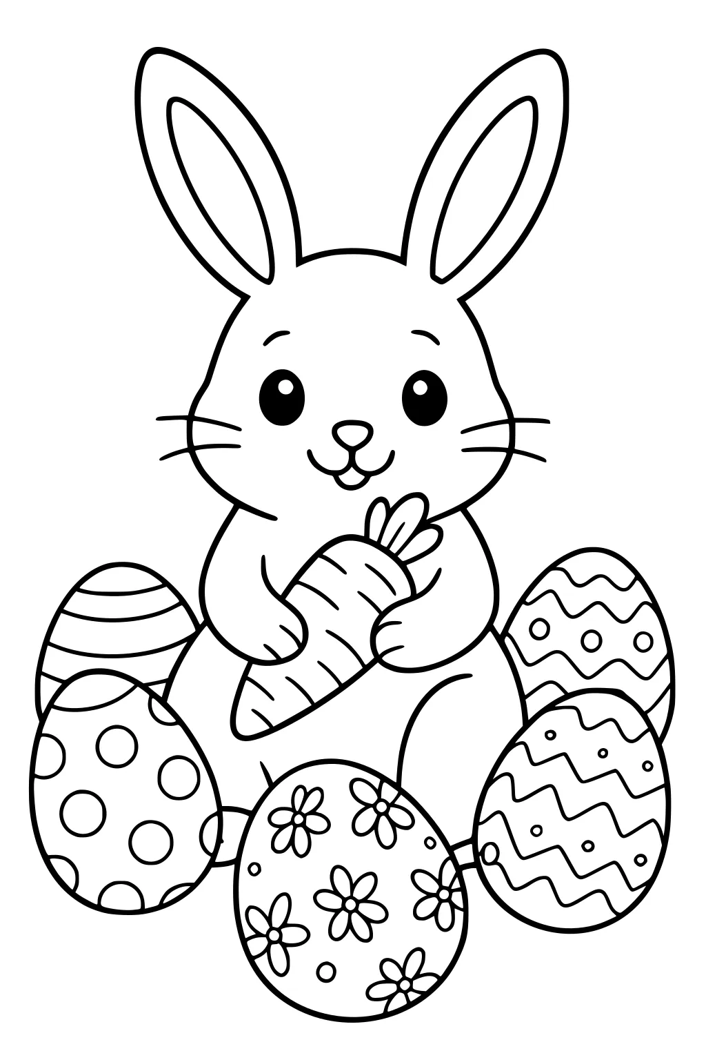 Rabbit holding a carrot and surrounded by five decorated eggs with patterns of dots, stripes, flowers, and zigzags.