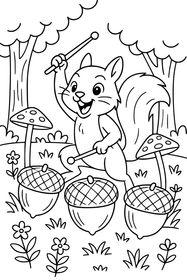 Free Squirrel Coloring Page - Happy Forest Drummer (Printable PDF)