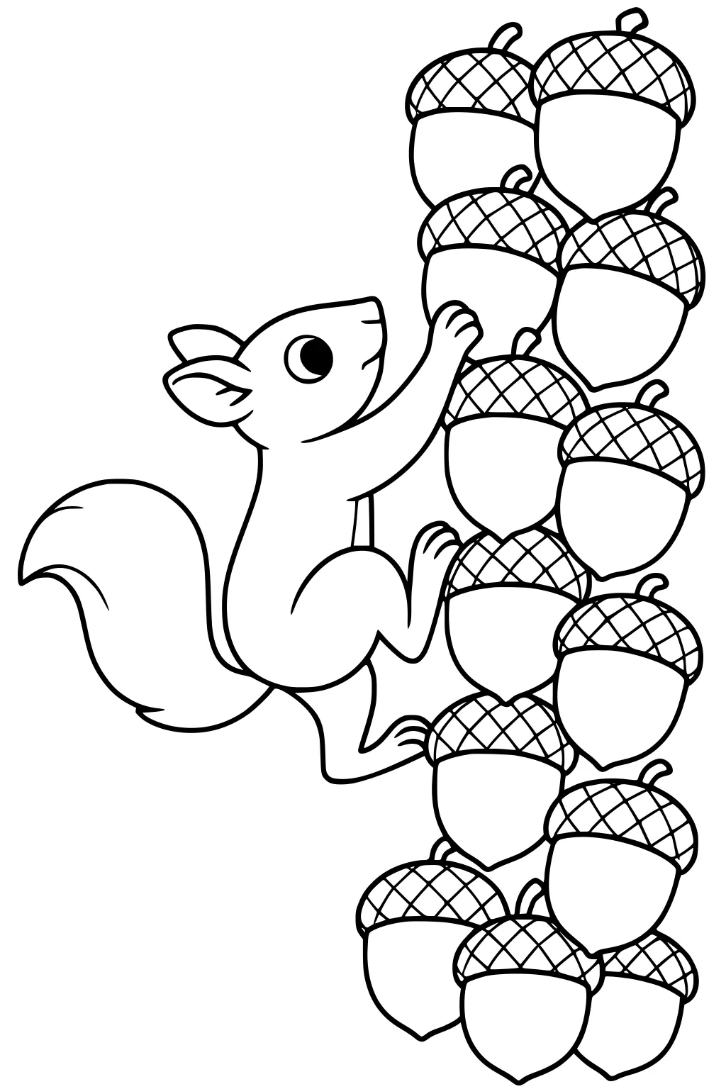Squirrel climbing a tall stack of big acorns with patterned tops