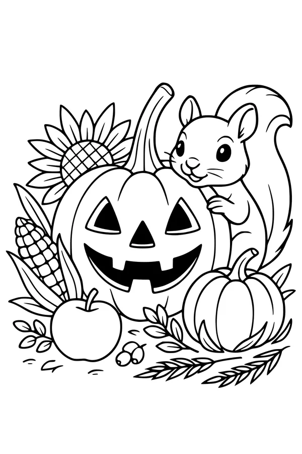 Free Squirrel Coloring Page - Cute Fall Harvest Pumpkin Scene (Printable PDF)