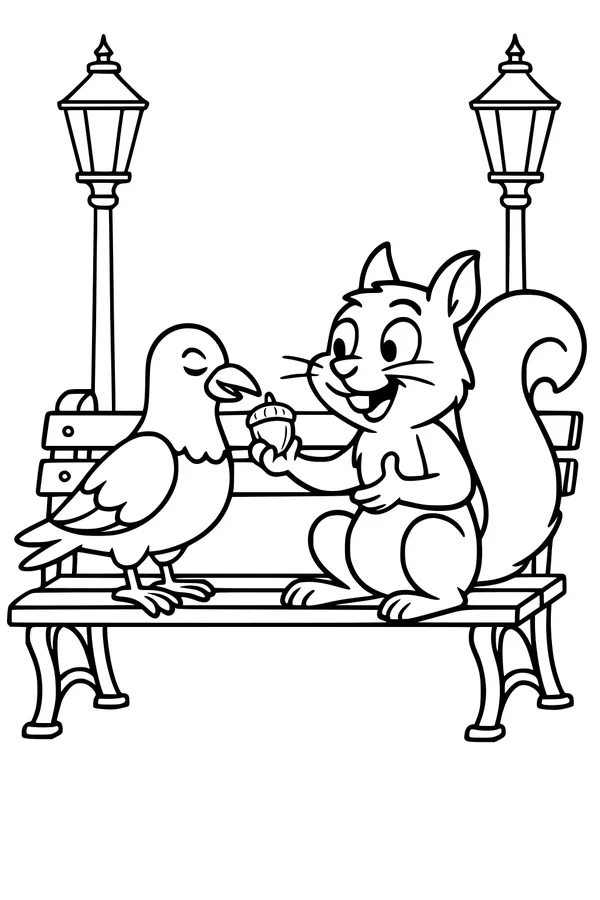 Free Squirrel Coloring Page - Sharing an Acorn with a Pigeon on a Park Bench (Printable PDF)