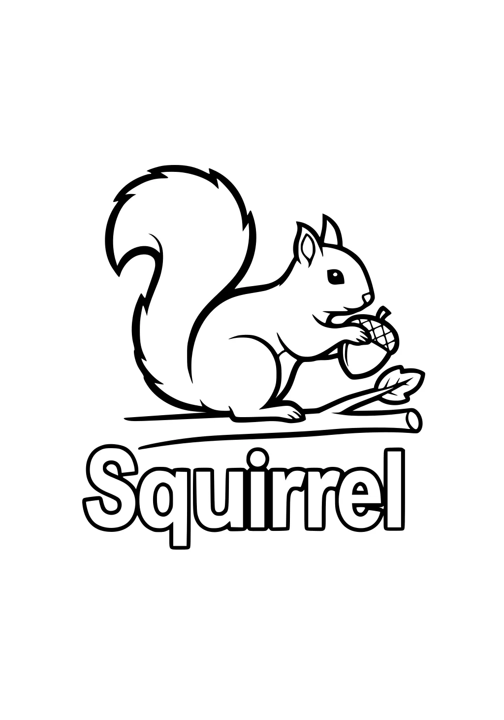 Cartoon squirrel holding an acorn, sitting on a branch, with the word Squirrel below in bold letters.