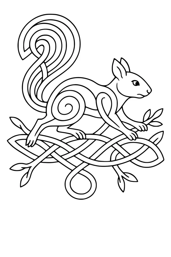 Free Squirrel Coloring Page - Spiraled Tail on Magical Branches (Printable PDF)