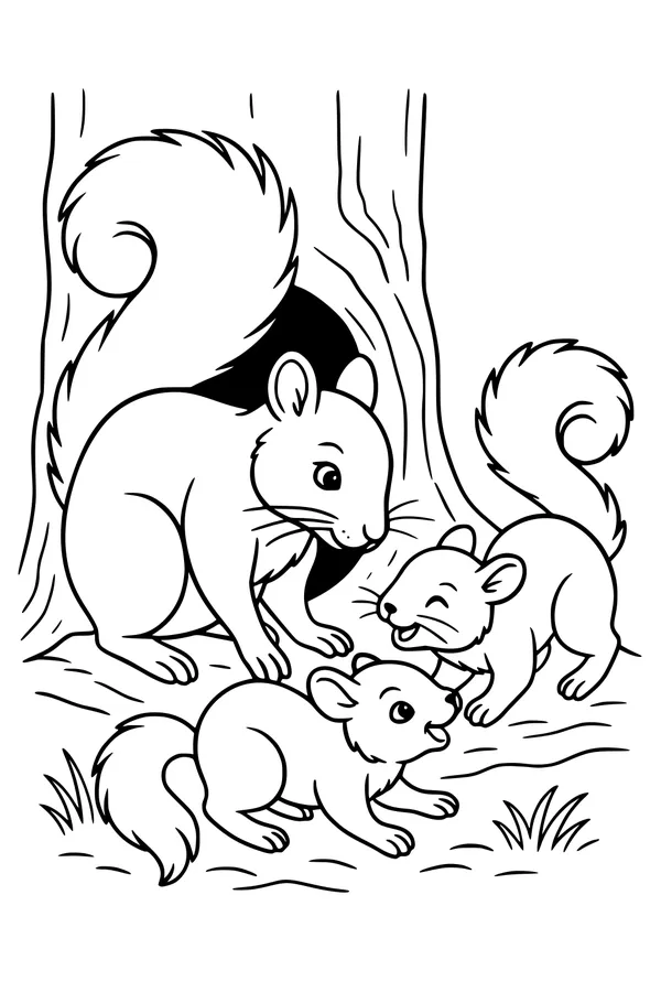 Free Squirrel Coloring Page - Squirrel Family at Oak Tree (Printable PDF)