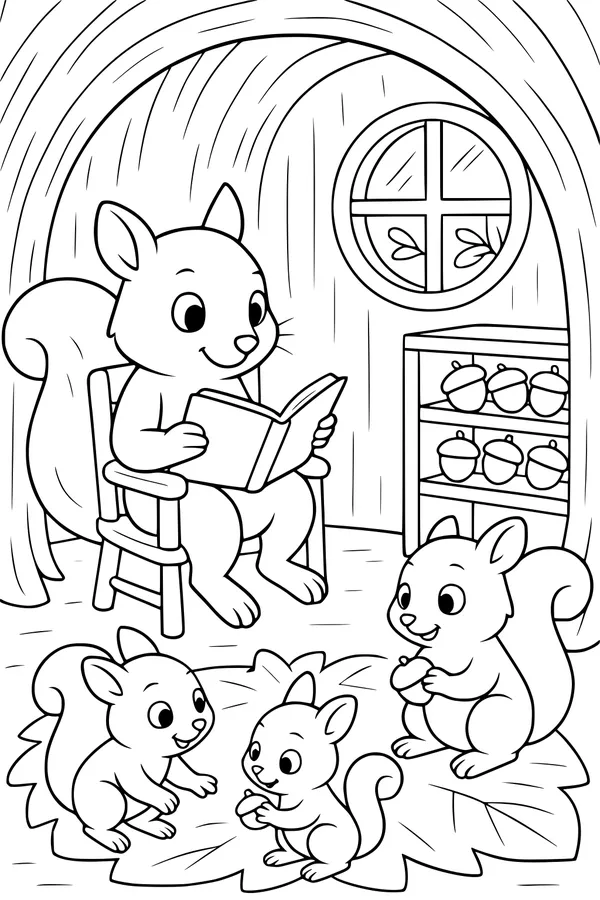 Free Squirrel Coloring Page - Cozy Treehouse Storytime (Printable PDF)