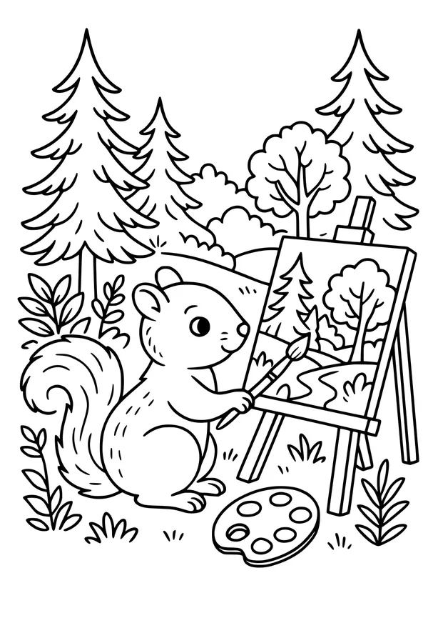 Free Squirrel Coloring Page - Artist Squirrel Painting a Forest Scene (Printable PDF)