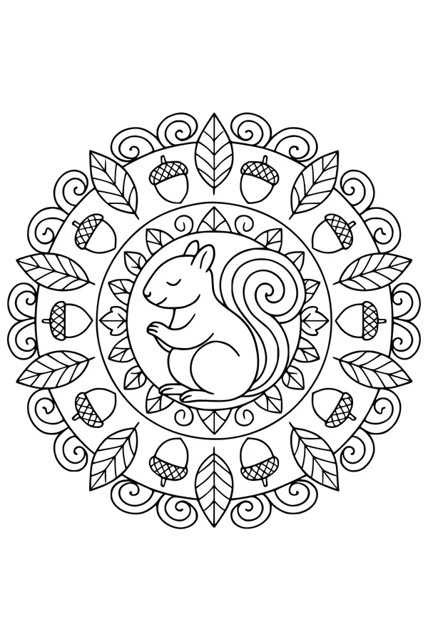 Free Squirrel Coloring Page - Cartoon Mandala Forest Scene (Printable PDF)