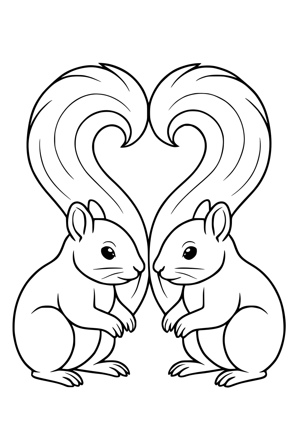 Two squirrels facing each other with their large tails curled together in a heart shape.