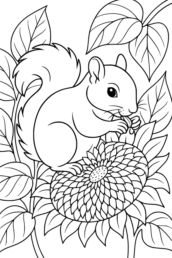 Free Squirrel Coloring Page - Sunflower Picnic Scene (Printable PDF)