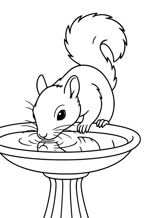 Free Squirrel Coloring Page - Thirsty Garden Visitor at Birdbath (Printable PDF)