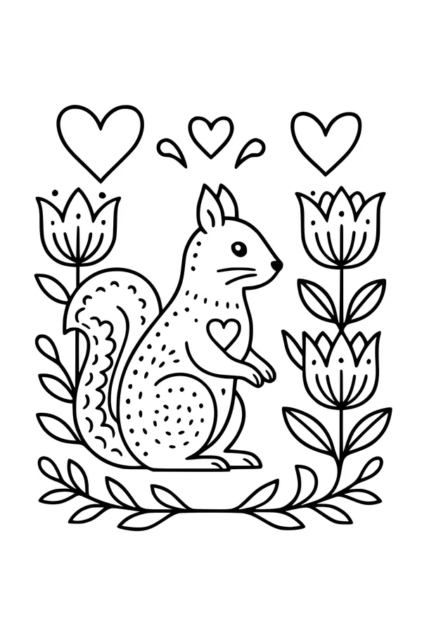 Free Squirrel Coloring Page - Spring Garden With Tulips And Hearts (Printable PDF)