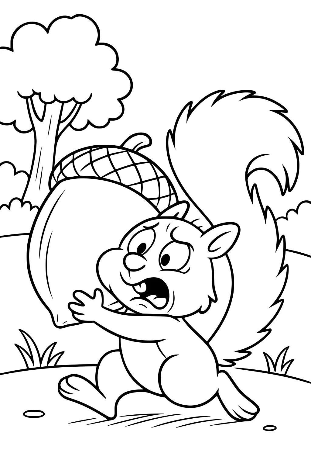 Surprised squirrel holding a giant acorn in a field with a leafy tree and grass.