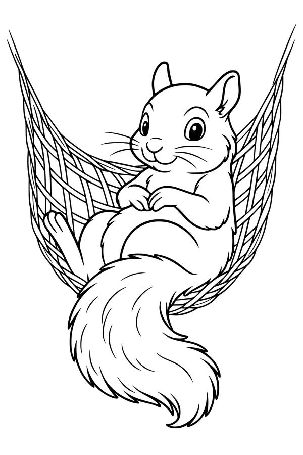 Free Squirrel Coloring Page - Relaxing in a Sunny Hammock (Printable PDF)