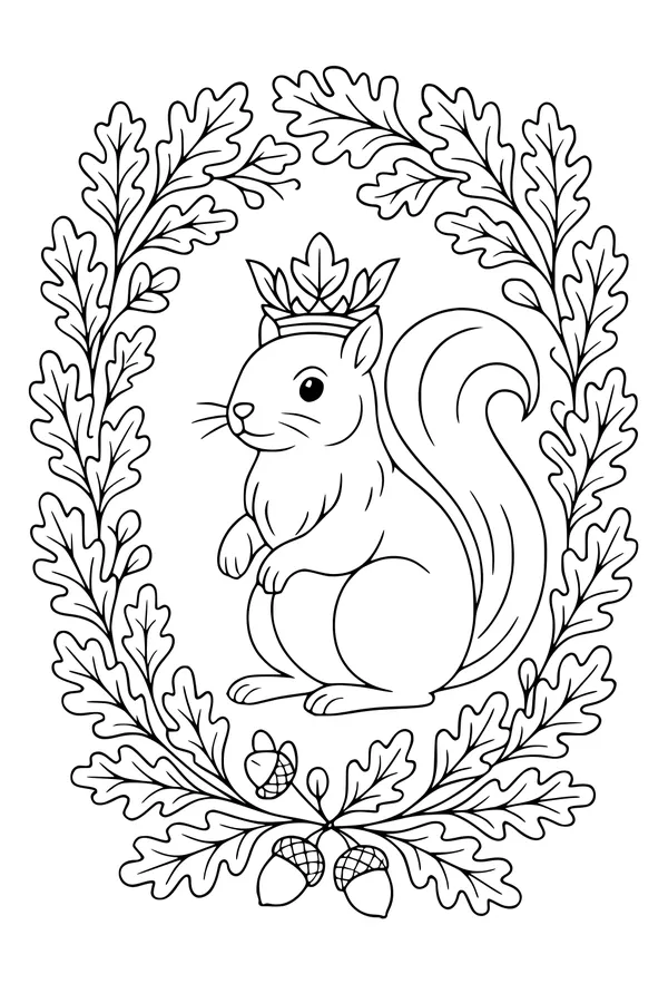 Free Squirrel Coloring Page - Woodland Leaf Crown Scene (Printable PDF)