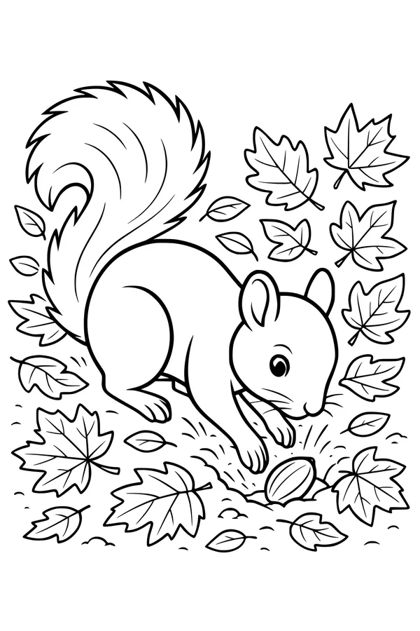 Free Squirrel Coloring Page - Autumn Nut Finder in Maple Leaves (Printable PDF)