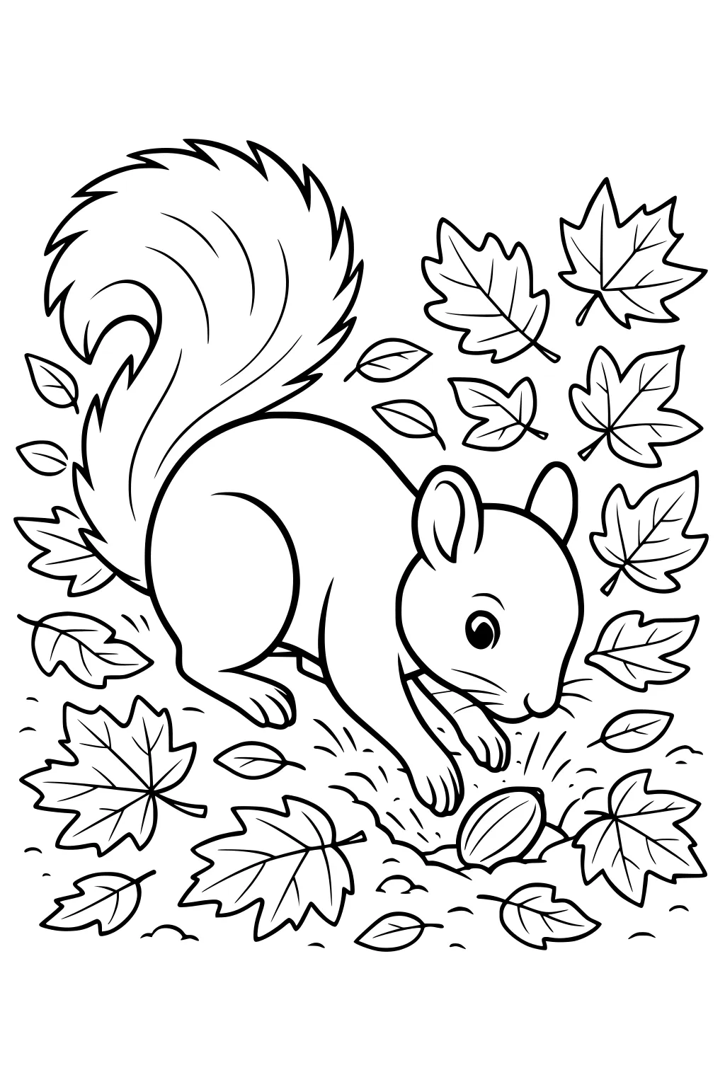 Squirrel digging for an acorn among scattered maple leaves on the ground.