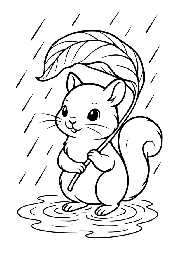 Free Squirrel Coloring Page - Rainy Day Leaf Umbrella Scene (Printable PDF)