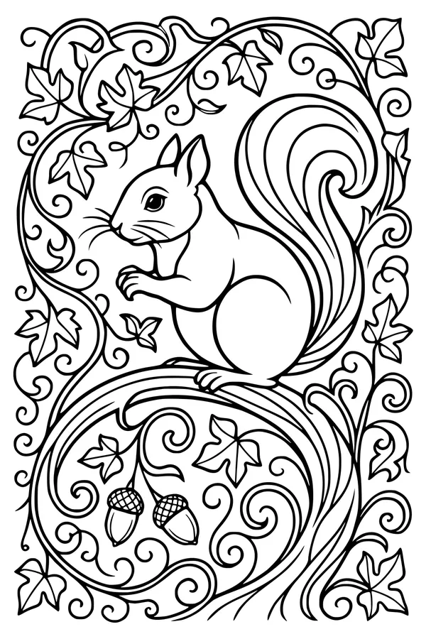 Free Squirrel Coloring Page - Whiskers With Acorns in Twisty Trees (Printable PDF)