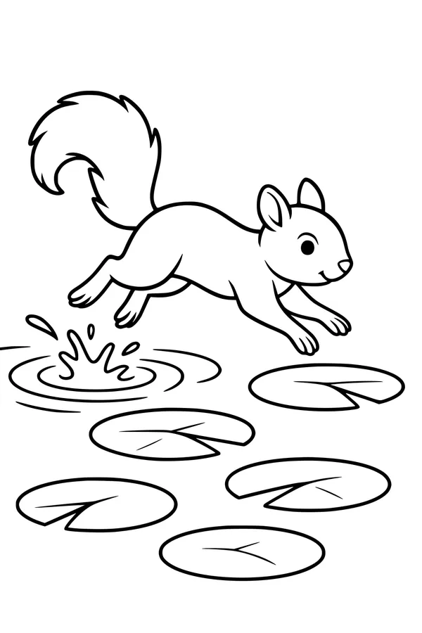 Free Squirrel Coloring Page - Splashy Leap Over Lily Pads (Printable PDF)