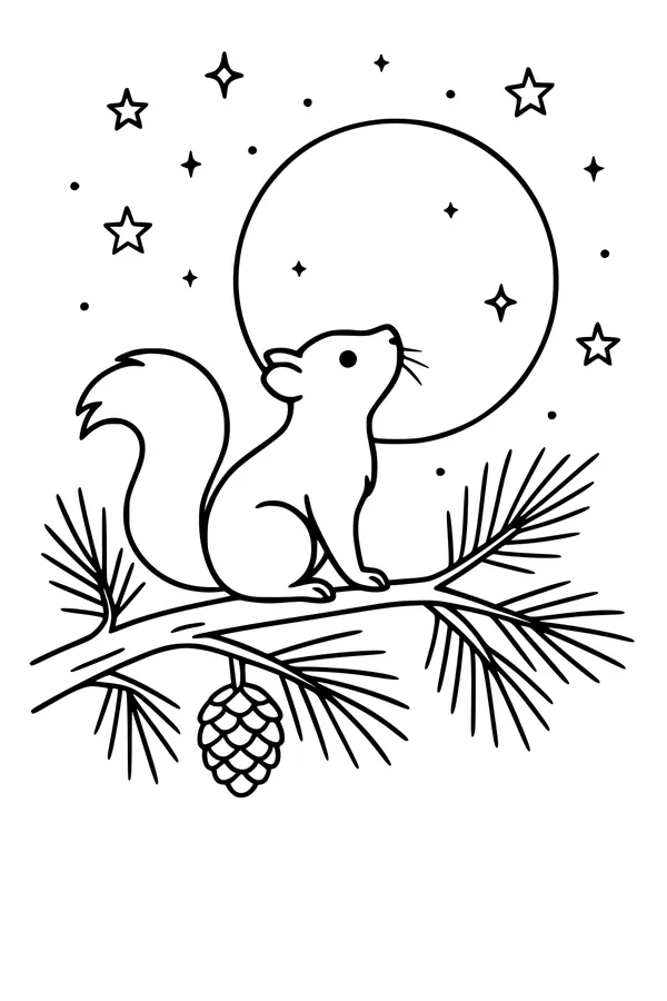 Free Squirrel Coloring Page - Night Forest Under the Moon (Printable PDF)