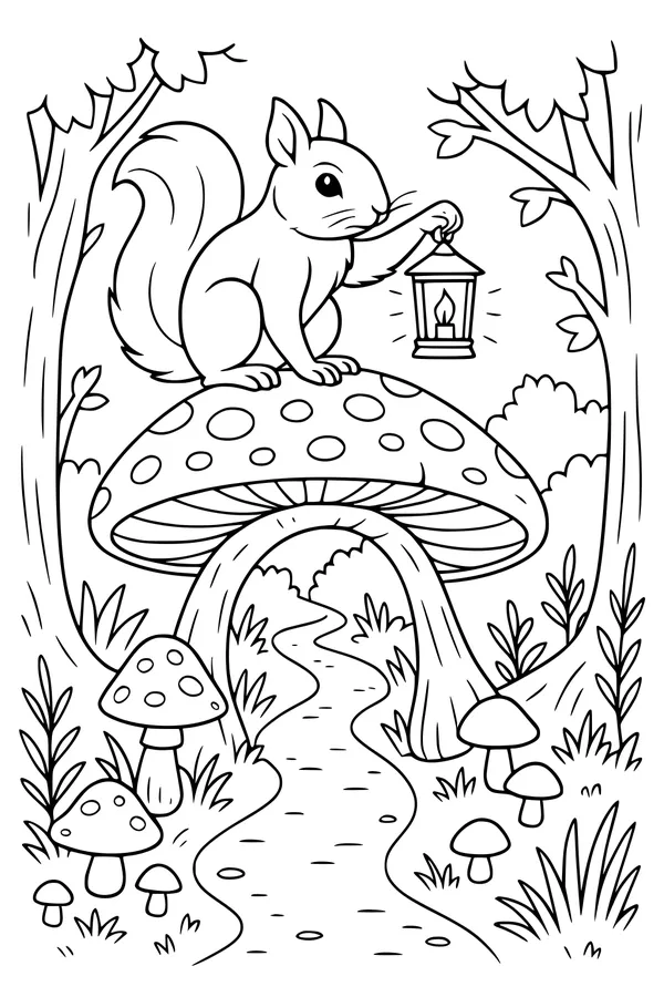 Free Squirrel Coloring Page - Lantern on Mushroom in Forest (Printable PDF)