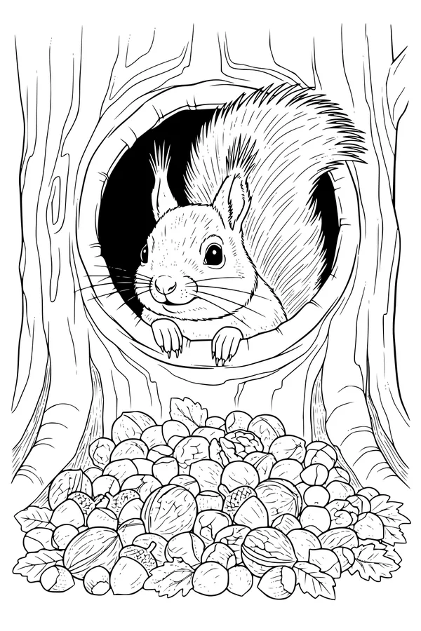Free Squirrel Coloring Page - Peeking From Tree Hollow (Printable PDF)