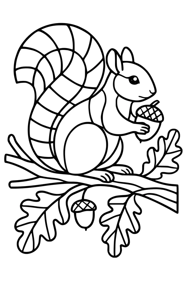 Free Squirrel Coloring Page - Acorn Snack in the Oak Tree (Printable PDF)