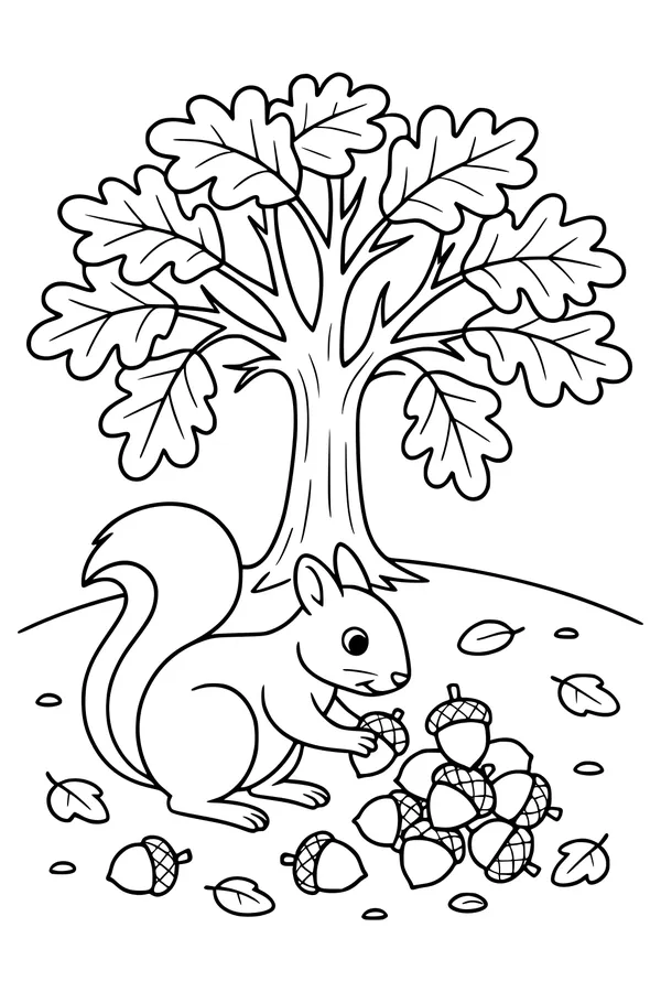 Free Squirrel Coloring Page - Gathering Acorns Under an Oak Tree (Printable PDF)
