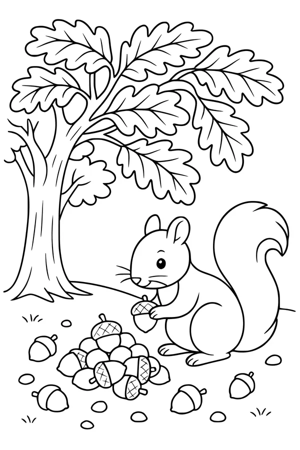 Free Squirrel Coloring Page - Nutty Picnic Under the Oak Tree (Printable PDF)