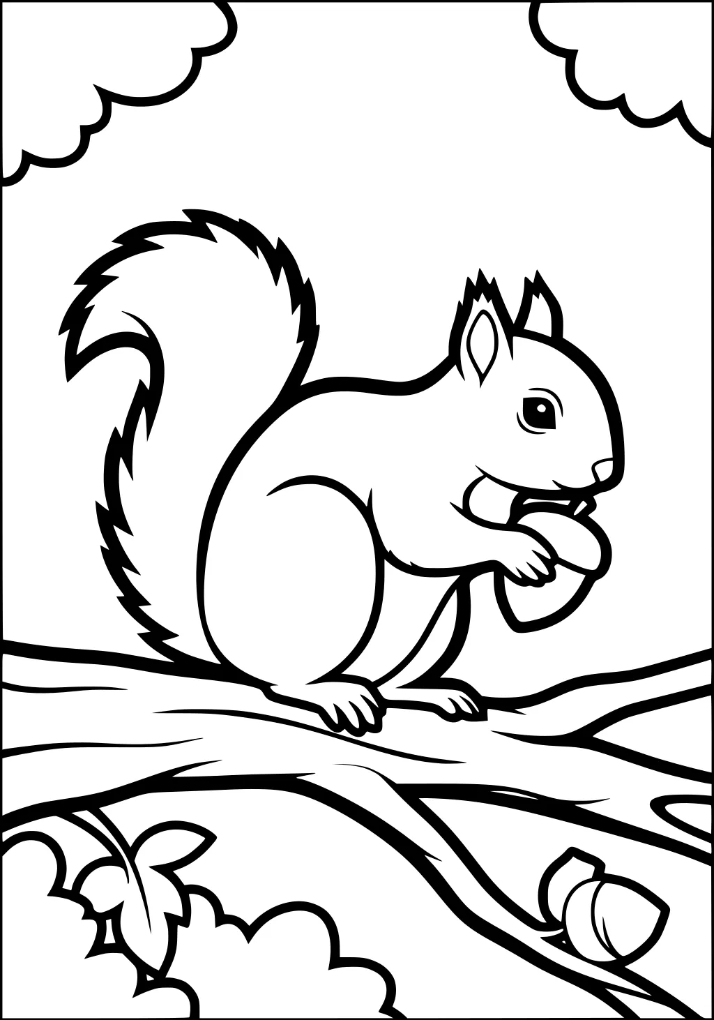 Squirrel with fluffy tail holding an acorn on a tree branch, leaves and more acorns beneath, with clouds overhead.