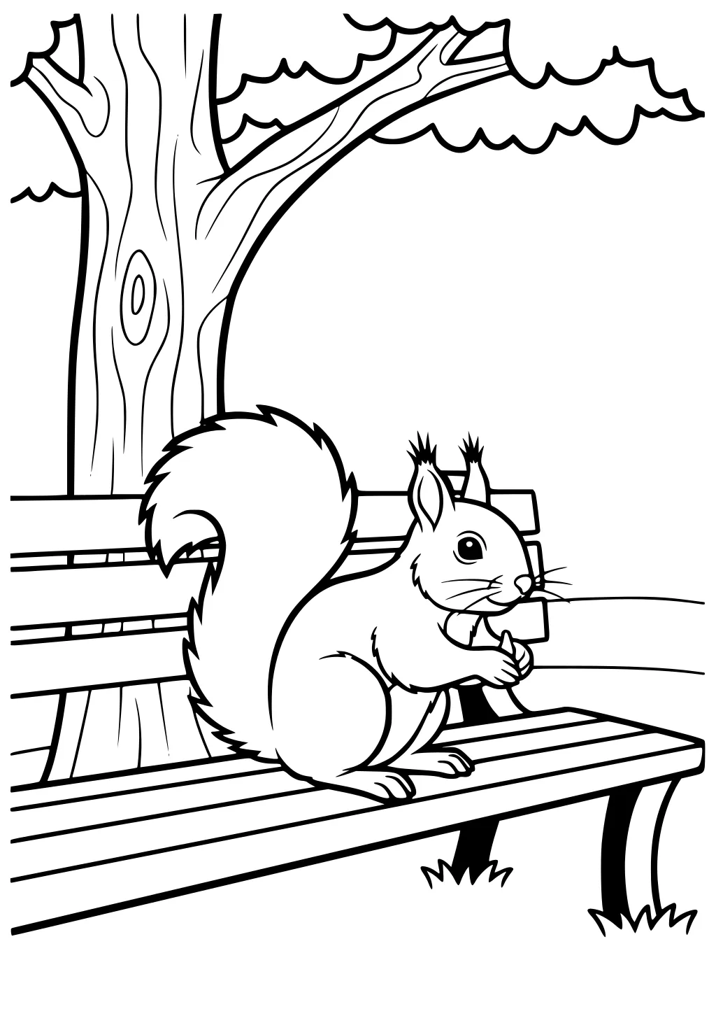 Squirrel sitting on a park bench holding a nut with a tree and grass in the background.