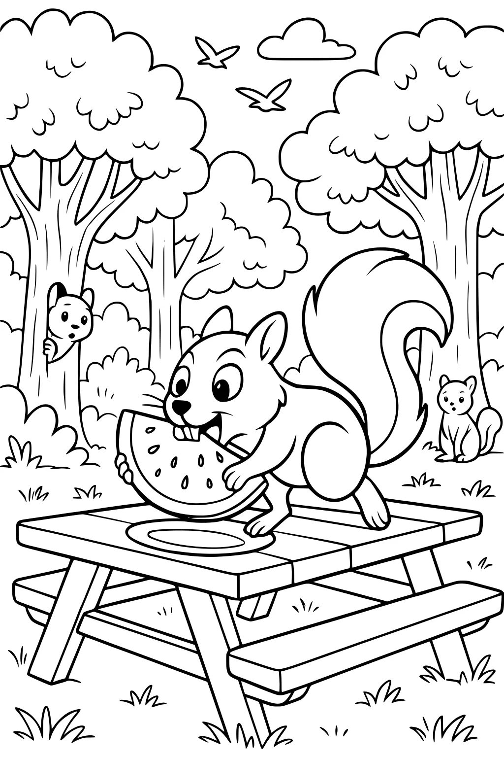 Squirrel eating watermelon on picnic table, two squirrels in background, trees and birds overhead.