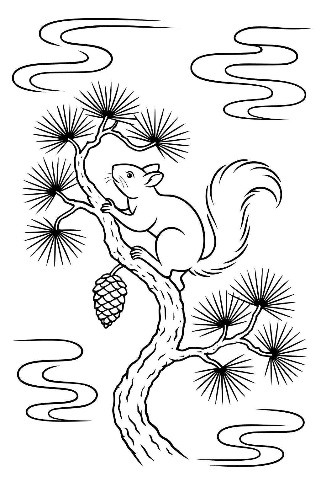 Squirrel sitting on a pine tree branch with a pinecone, surrounded by spiky pine needles and swirly clouds in the background.