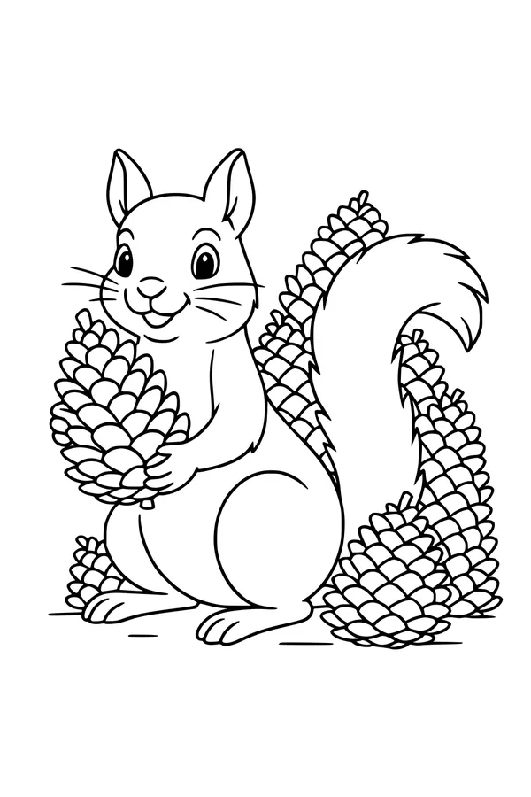 Free Squirrel Coloring Page - Cute Cartoon With Pinecones (Printable PDF)