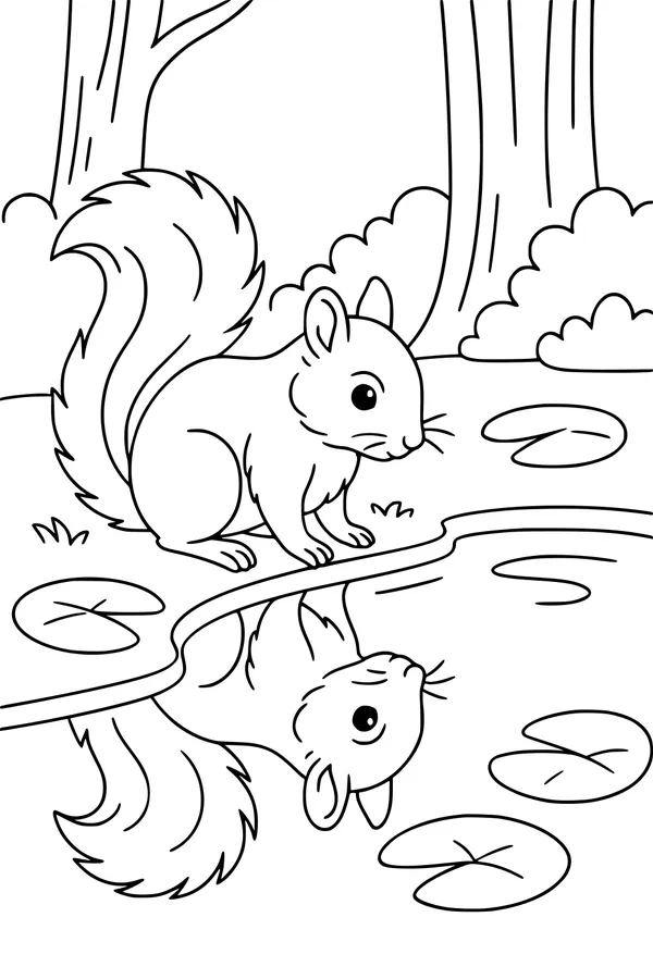 Free Squirrel Coloring Page - Woodland Pond Reflection Scene (Printable PDF)