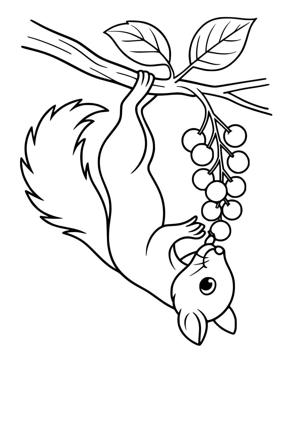 Squirrel hanging upside down from a tree branch, reaching for berries near two large leaves.